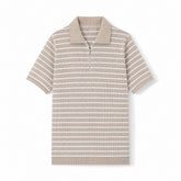 Beige Striped Zip-Up Polo