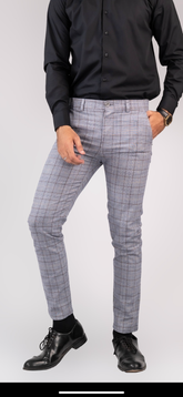 Grey Check Slim Cotton Chino Trousers - The Axis Clothing