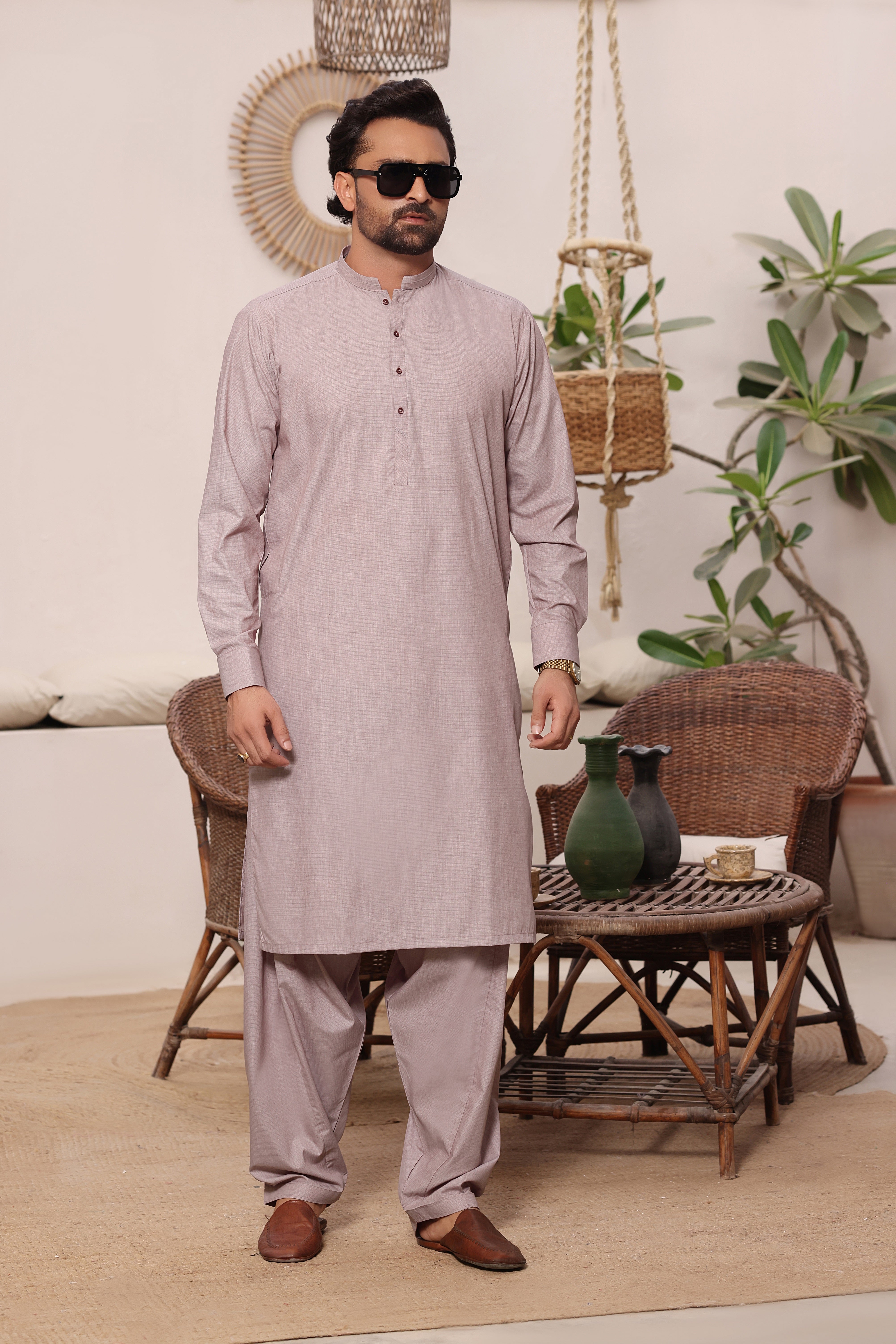Light Mauve Band Collar Kurta Shalwar