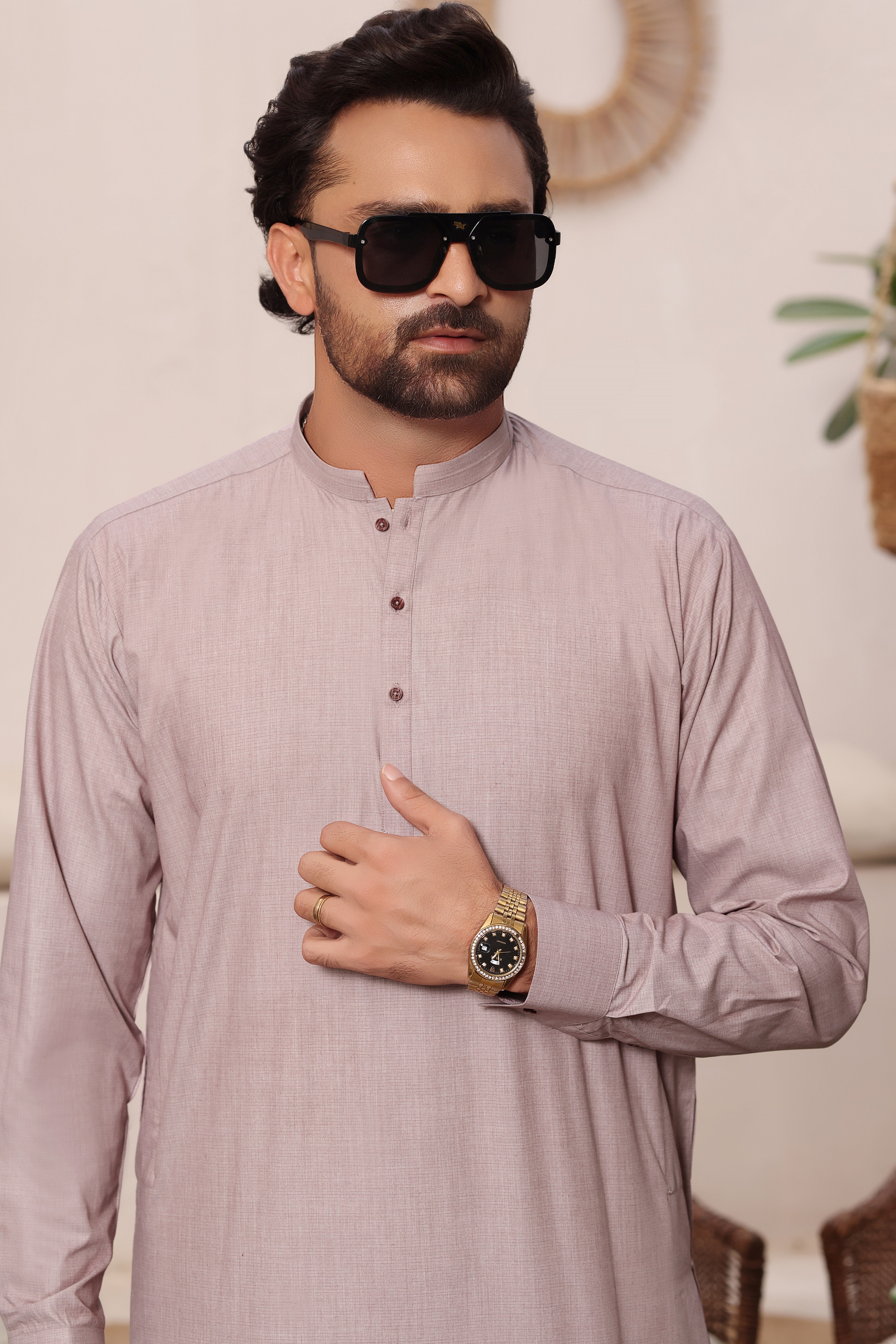 Light Mauve Band Collar Kurta Shalwar