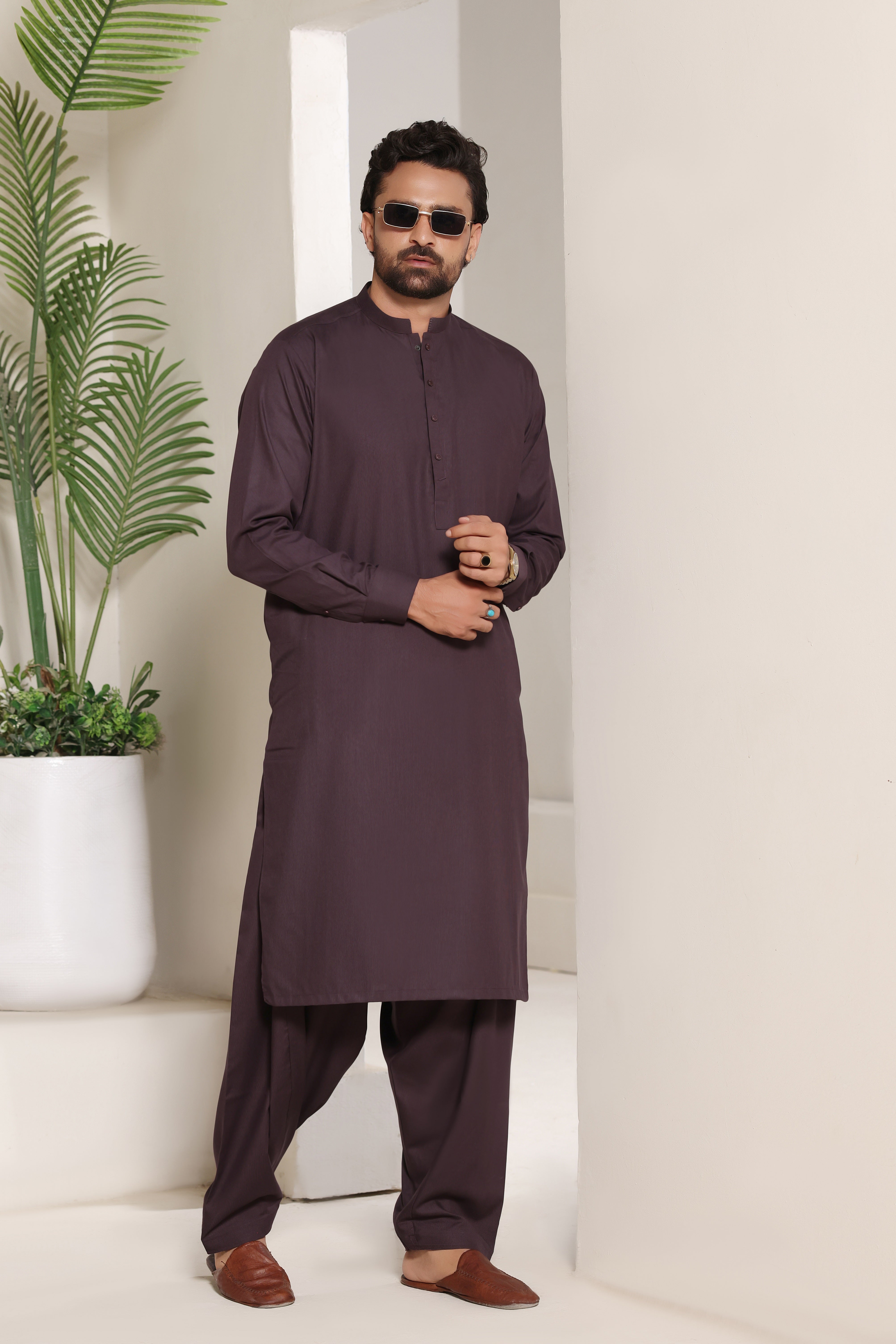 Dark Plum Band Collar Kurta Shalwar