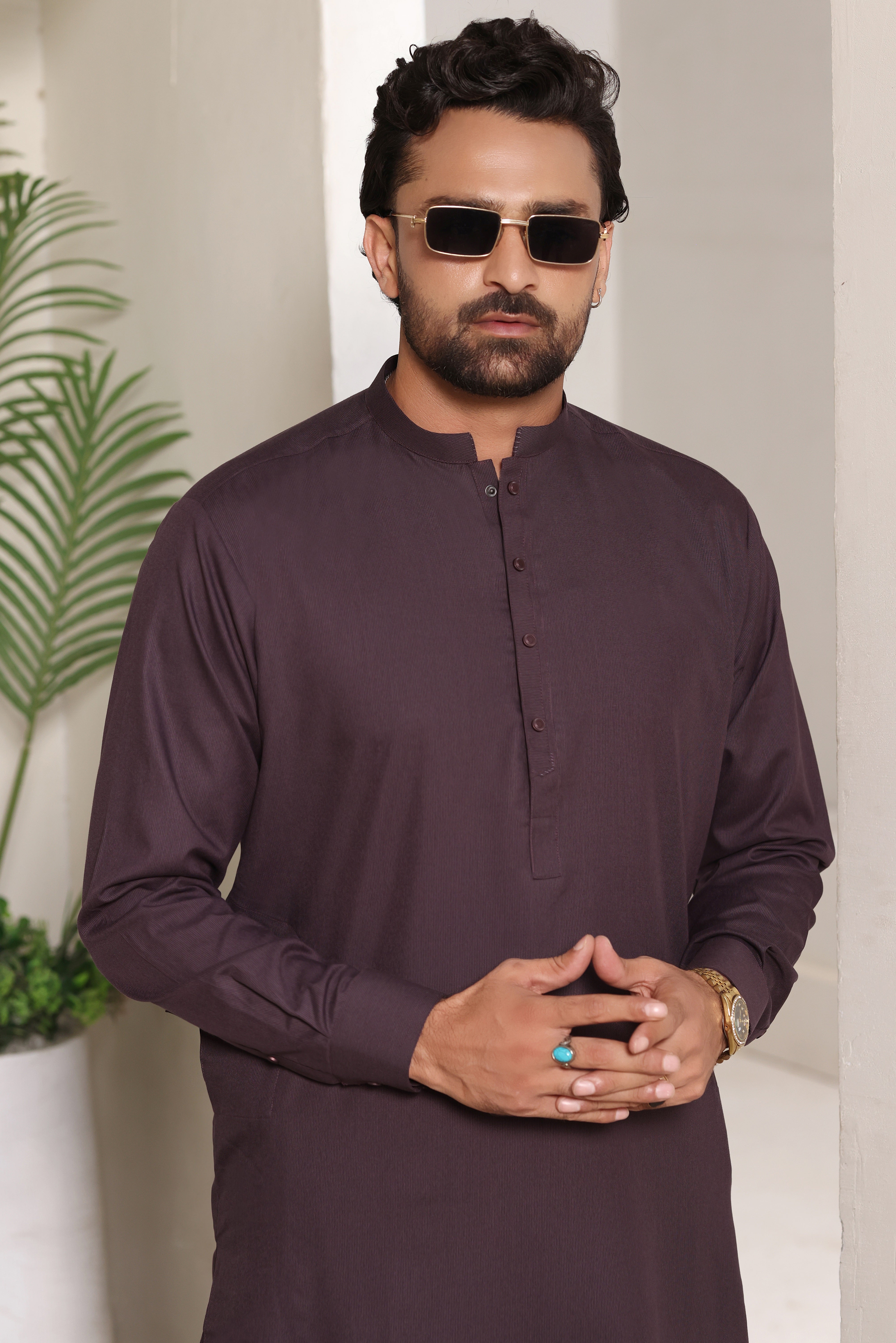 Dark Plum Band Collar Kurta Shalwar