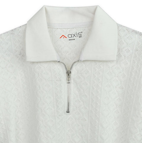 Textured White Zipper Polo