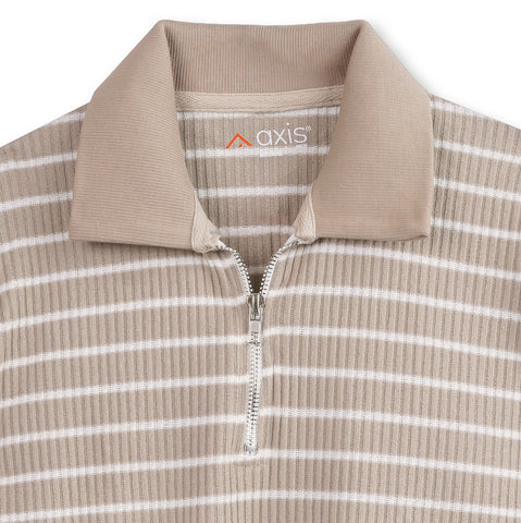 Beige Striped Zip-Up Polo