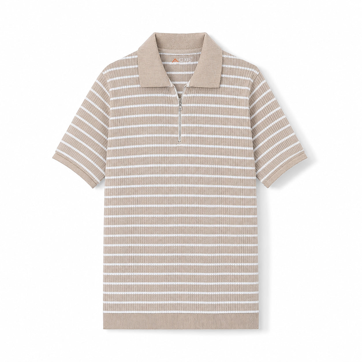 Beige Striped Zip-Up Polo