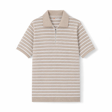 Beige Striped Zip-Up Polo