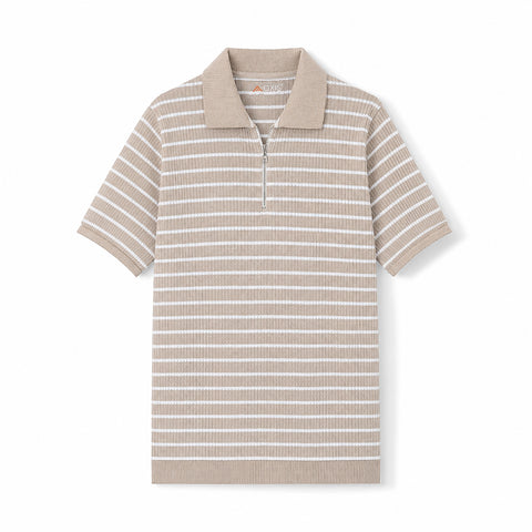 Beige Striped Zip-Up Polo