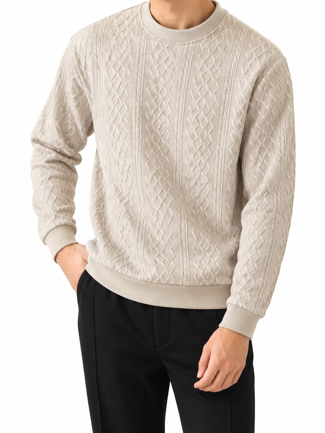 Ivory Cream Geometric Textured Sweatshirt