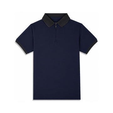 Navy Blue Zip Polo T-Shirt with Black Collar