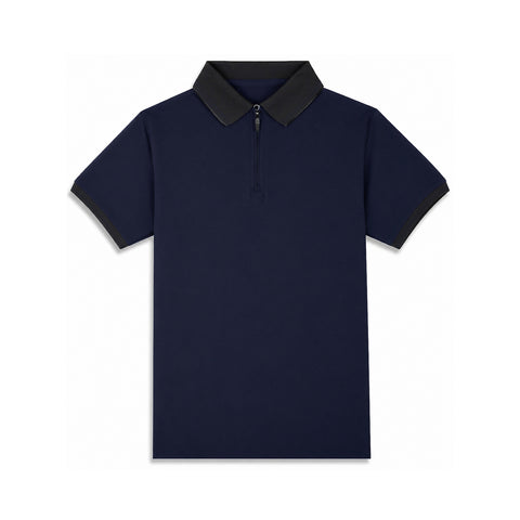 Navy Blue Zip Polo T-Shirt with Black Collar