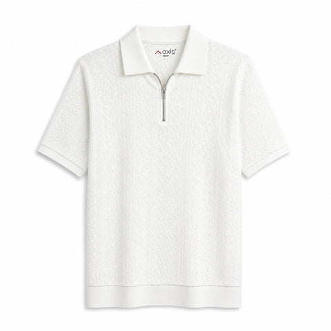 Textured White Zipper Polo