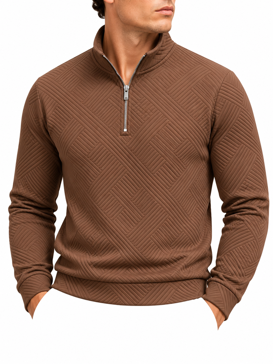 Brown Textured Quarter-Zip Pullover