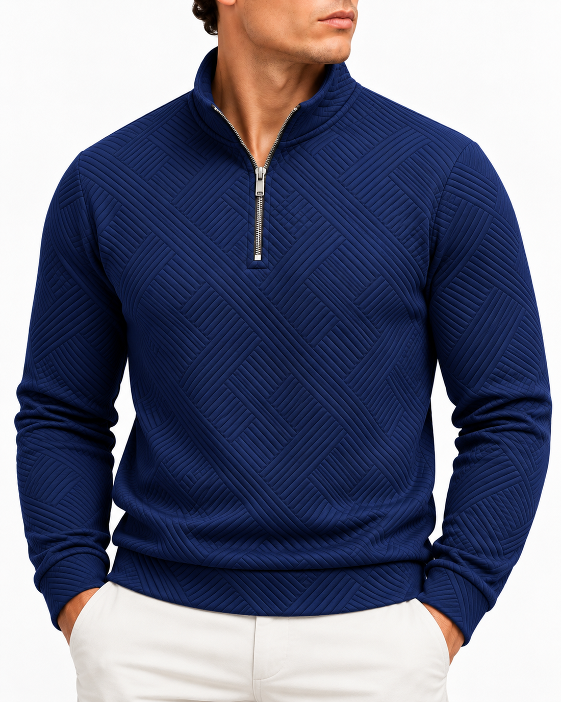 Navy Blue Textured Quarter-Zip Pullover