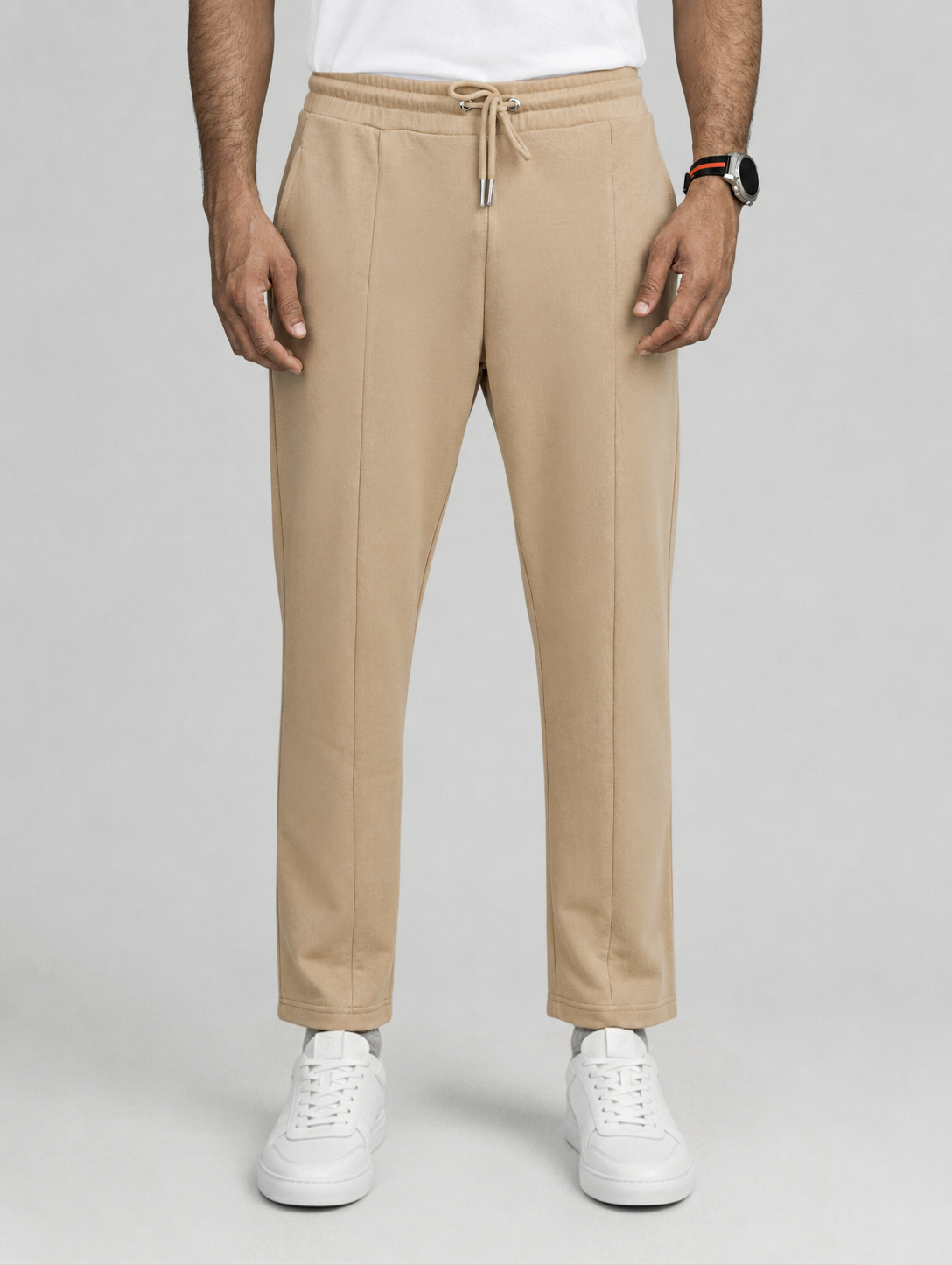 Sand Beige Pinstripe Terry Trousers